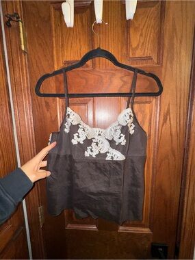 INC International Concepts Black Satin Cami with Cream Lace